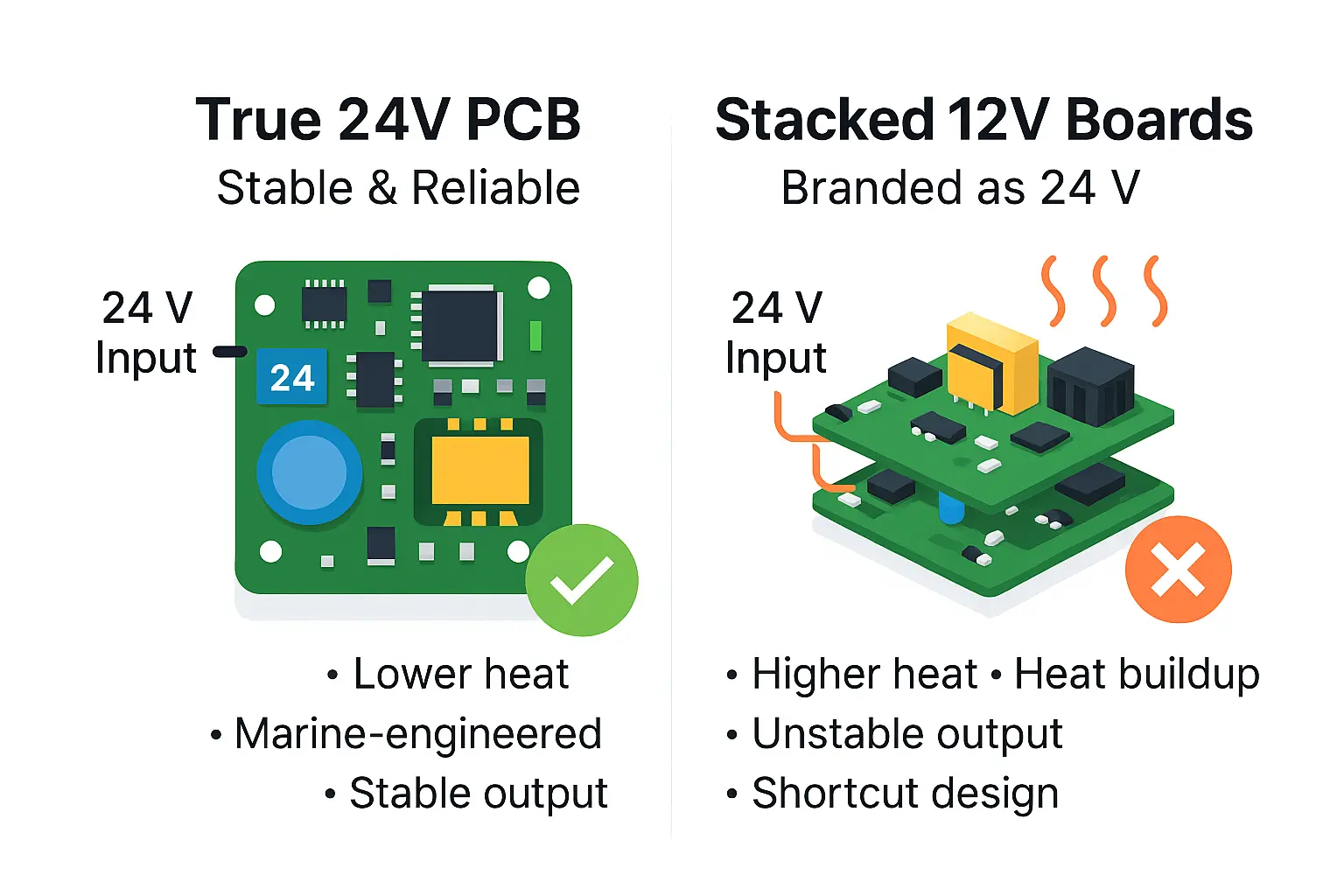 True 24V PCB vs stacked 12V boards comparison